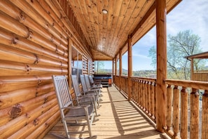 Pigeon Forge Cabin with Pool - "Blue Bear Splash" - Covered wrap around deck with rocking chairs