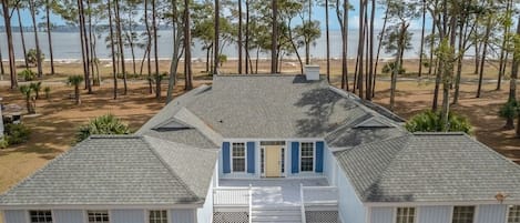 Beach Front! Beautiful view looking out to the south end of Hilton Head and Atlantic Ocean. Two king bedrooms in the front of the property. 