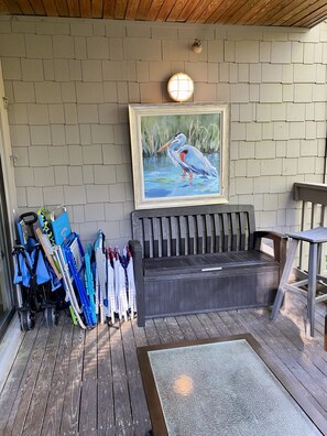 Beach chairs, little folding drinks table, boogie board to take to the beach.