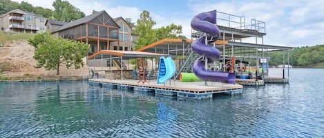 A dock like no other! 20 Foot Platform with Commercial Waterslide, Jumping Deck, Standard Waterslide & Dive Platform