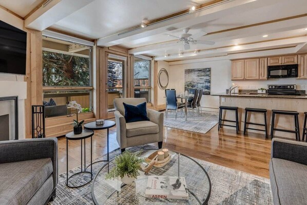 Spacious living room with gas fireplace