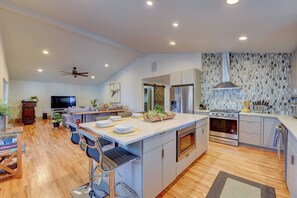 Kitchen | Central Heating & A/C | In-Unit Laundry | 6 Mi to Airport