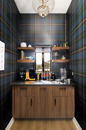 Luxury coffee bar features a tea station, hot water kettle, Breville coffee grinder, Nespresso, Moccamaster, and complimentary fresh local beans from a Sedona roastery.