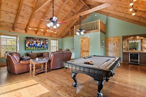 Family Room with Pool Table, Big Screen TV, and Full Bathroom