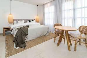 bedroom, bed, dinner table, lighting, design