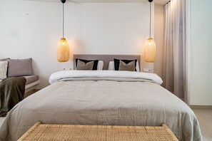 Cozy bed, bedroom area, accessories, luxury design