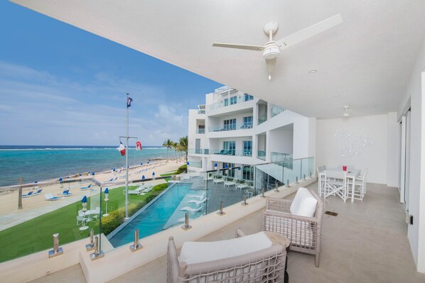 Balcony views overlooking the resort's heated pool deck. 