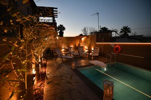 Olive Forest Villa- Outdoor Swimming Pool with sun lougers, seating area , BBQ