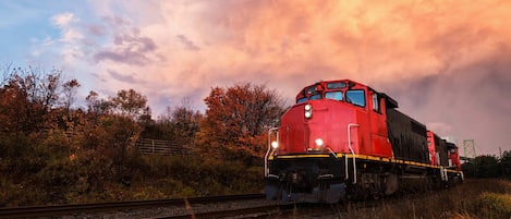 8 min from Texas A&M campus, and sporting fields. (photo is of train going through College Station, hence the name).