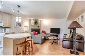 Living room and view of gas fireplace