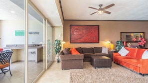 Spacious and modern family room with unobstructed views and 3 slider door access to the patio