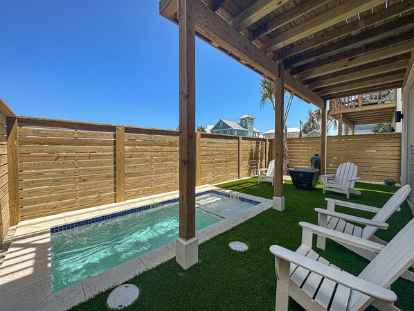 Great outdoor area, Private pool, gas fire pit, charcoal green egg grill, and an outdoor shower plenty of comfy seating.