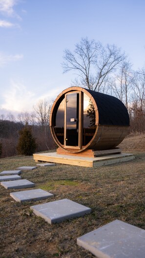 A 4-person sauna invites guests to take their rest/relaxation to the next level