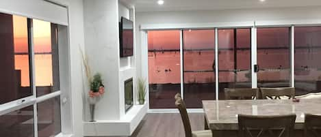 View of the stunning sunset over the lake from the kitchen.