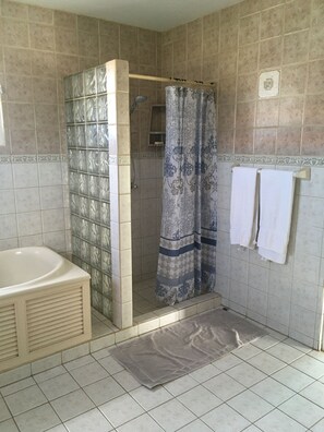 Main bedroom bath with shower, bathtub and hot water