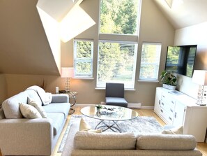 Living room- comfortable furniture, a smart TV and great natural light.
