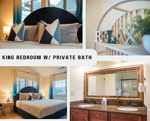 Our King suite is meant for relaxing! Designed with calming colors of the ocean and has a private ensuite bathroom with walk-in shower.