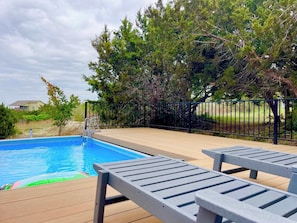 Relax and soak in the sun / cool off! Secluded & private pool: 18ft x 9ft x 4’3” deep pool with 300sqft of entertaining deck space. Gate pool with child safety latch.