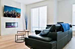 The 65” Roku TV mounted above the fireplace comes with LED backlights.