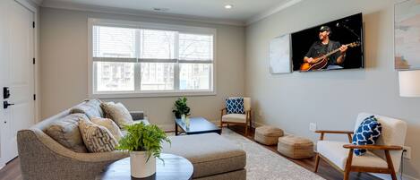 Open concept living room with Smart TV