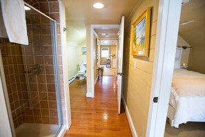 A Bathroom with glass door shower and rainfall shower head, dressing area and closet.