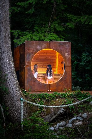 The Cube!  Our new shared riverside sauna is magical.