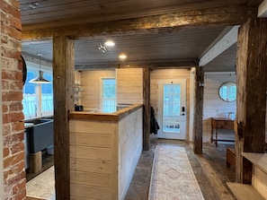 Kitchen and dining area, barnwood post-and-beams