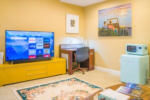 Comfortable desk and chair, both wireless and wired internet connection provided