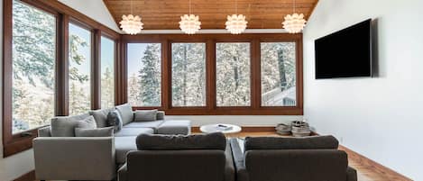 Large, light filled living room with high ceilings and mountain views