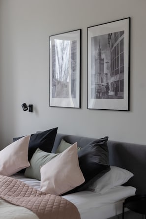 A close-up of a modern living room corner with duble bed and framed artwork.