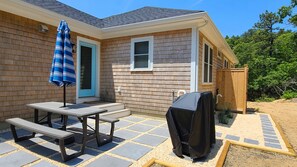 Lovely patio with picnic table and gas grill has stone steps to the outdoor shower