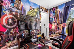 Avengers themed bunkbed room with Xbox and Smart TV