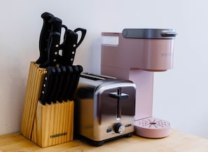 Butchers Block with Knives, Toaster, and Keurig.