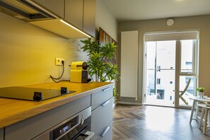 Out of the living room goes out onto the balcony and kitchen in Reykjavík