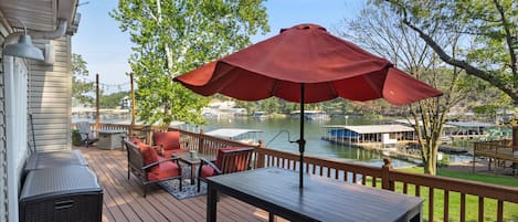 Comfortable outside seating with spaces to store cushions for dry seating each day.