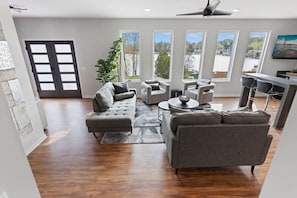 Main entrance and living room with lake views.