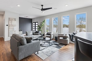 Main entrance and living room with lake views.