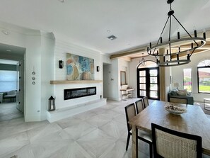 Entry and Dining with stunning fireplace