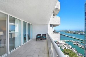 Furnished balcony with water views of Biscayne Bay, Venetian Marina