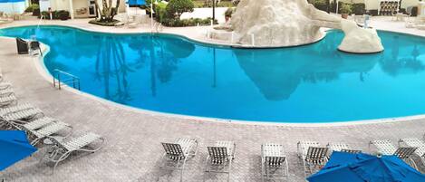 Outdoor heated pool with a beautiful volcano. 