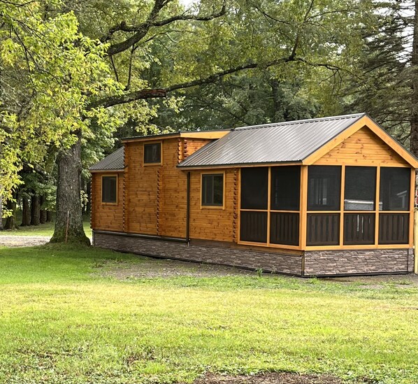 Luxurious cabin with screened-in, furnished porch.