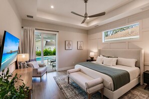 Master Bedroom, TV, Private Pool Entrance, King-Size Bed.