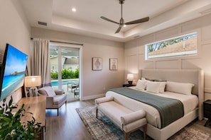 Master Bedroom, TV, Private Pool Entrance, King-Size Bed.