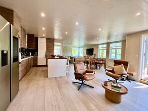 An open plan living room featuring kitchen, fireplace, dining and lounge areas