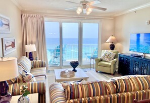 Living Room with Terrific Oceanfront Views and Brand New 55" Wall Mounted TV