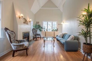 The home features a stunning gas indoor fireplace for a cozy night in.