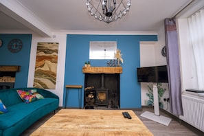 Living room with wood burner