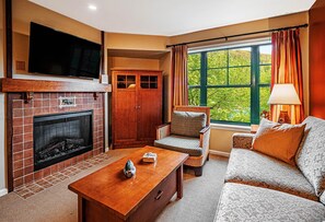 Living room with a Gas/Electric fireplace and a sofa bed