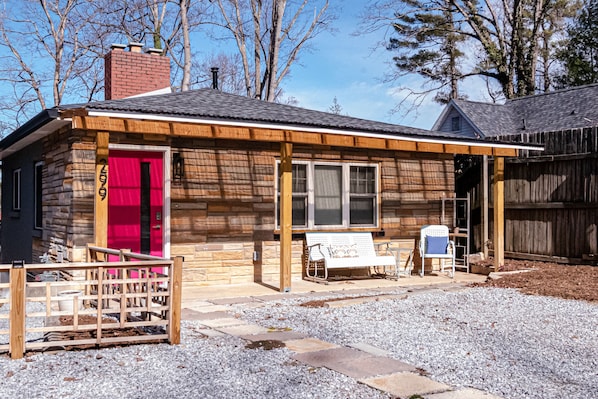 Front Entry with covered porch and parking for two cars