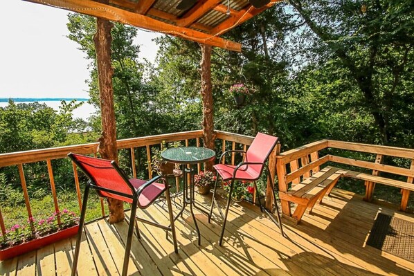Cypress Deck front porch! Lovely spot for morning coffee and lake views